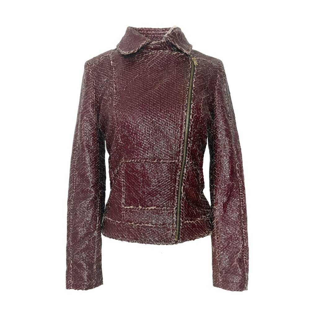 Van Caloen burgundy distressed leather biker jacket